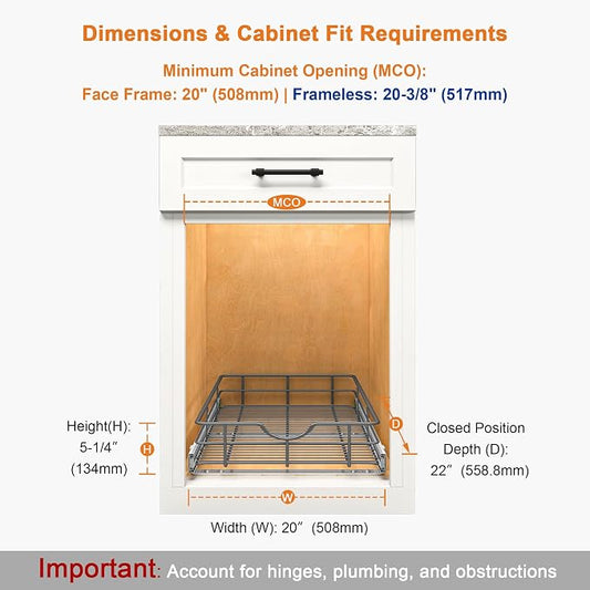 ALINE FURNITURE Pull Out Shelves - 20" W x 22" D Soft Close Pull Out Cabinet Organizer 1 Tier - Slide Out Drawers with Shelf Liner, Heavy Duty Steel Wire Baskets for Kitchen Cabinets, Pantry, Bathroom
