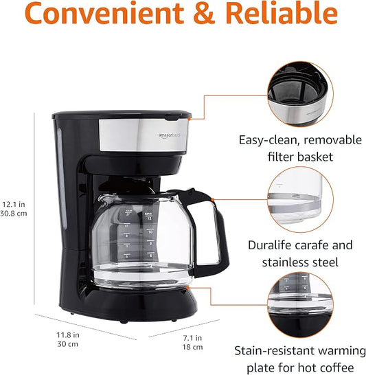 Amazon Basics Coffee Makers, 12-Cup Coffee Machines with Reusable Filter, Coffee Pots, Black & Stainless Steel