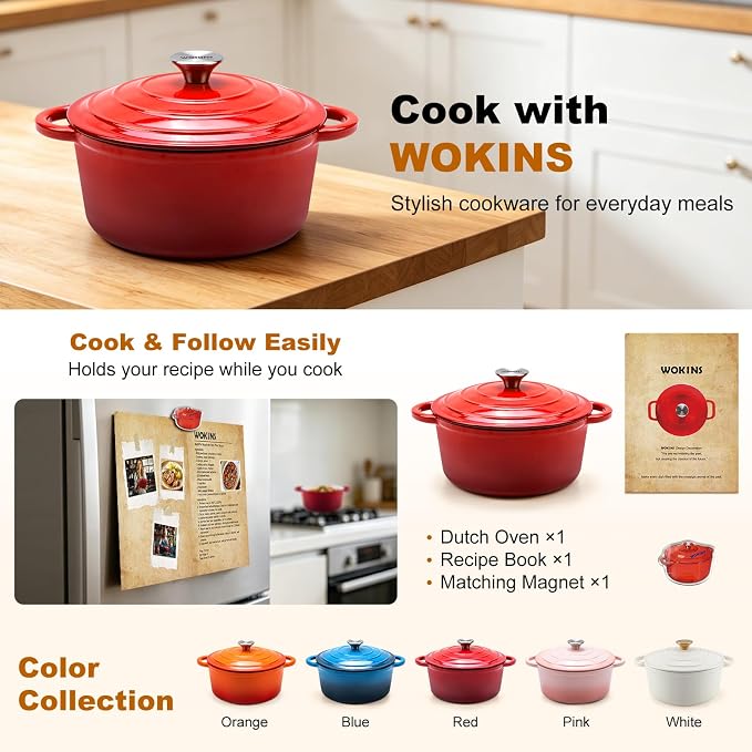 Enameled Cast Iron Dutch Oven - 5.5QT Pot with Lid,Oven Safe to 500°F,Heavy-Duty Cookware for Sourdough Bread Baking,Braising,Stews,Roasting Red