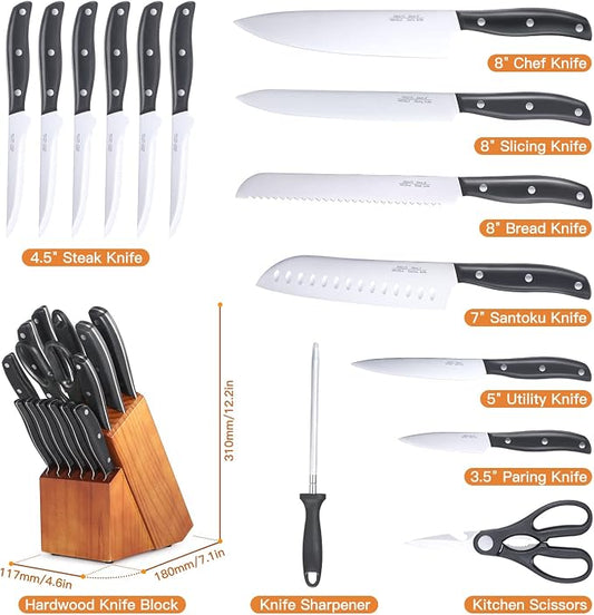 Knife Set, 15 Pcs Knife Sets for Kitchen with Block, Germany High Carbon Stainless Steel Knife Block Set with Sharpener and 6 Serrated Steak Knives, Professional Chef Knife Set for Kitchen Essentials