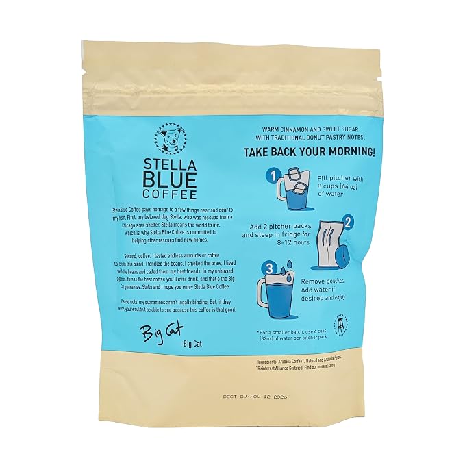 Stella Blue Cold Brew Coffee Bags, Cinnamon Sugar Donut, Medium Roast Ground Coffee, Smooth, Bold and Refreshing 100% Arabica, 6 Brew Packets, Makes 24 Cups, Rainforest Alliance Certified