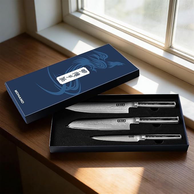 MDHAND Kitchen Knife Set, 3PCS Professional Chef Knife Set, VG10 Steel Knife Set with Pakkawood Handle, Ultra Sharp Knives Set for Cooking, Including Chef, Santoku & Paring Knife, Gifts for Men Women