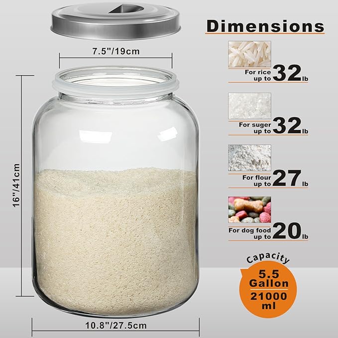 Daitouge Large Glass Jars with Lids, 5.5 Gallon (21000 ML) Glass Canisters - Super Wide Mouth Glass Jar Heavy Duty Glass Storage Jars with Lid for Storing Flour, Rice, Set of 1