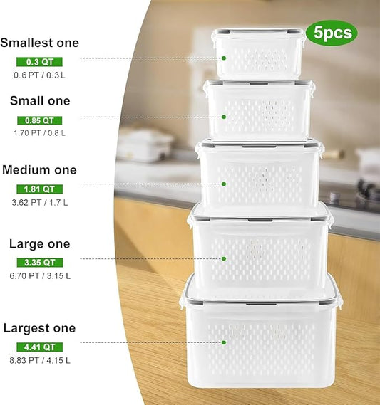 5 PCS Fruit storage Containers for Fridge with Removable Colander and Chopper Set, Leakproof Food Storage Containers with lids, Dishwasher & Microwave Safe Produce Containers to Keep Fruits Fresh ο»Ώ
