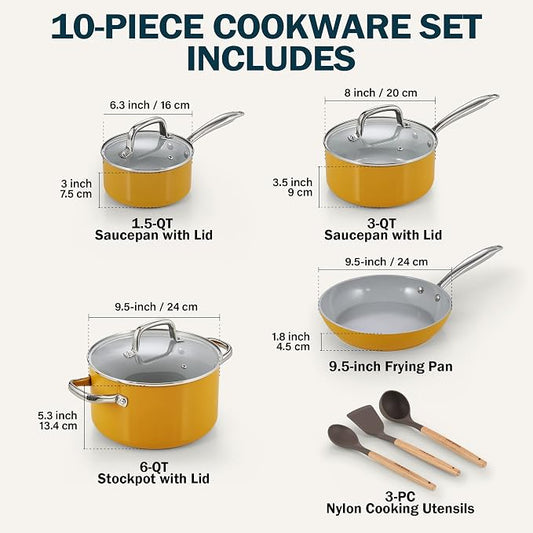 Cook N Home Classic Nonstick Cookware Set, Pots and Pans Cookware Set with Glass Lids and Comfortable Handles, Induction Compatible, 10-Piece, Yellow