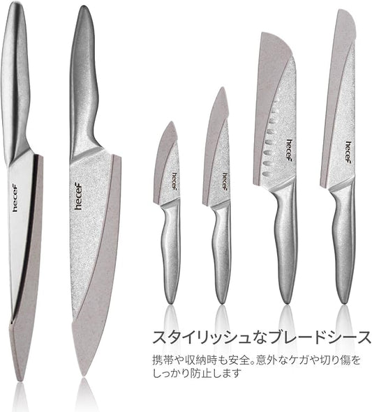 hecef Vintage Style Kitchen Knife Sets,Scratch Resistant Camping Matte Knives with 5 Slots Recycled Oxford Cloth Knife Roll Bag & Covers,Stonewashed High Carbon Stainless Steel Blades & Hollow Handle