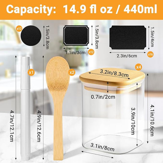 Glass Jars with Bamboo Lids, 15 Fl.oz Glass Storage Jars with Airtight Lids Set of 4, Clear Pantry Containers for Spice, Sugar, Coffee, Tea, Nuts, Beans - Included Labels, Marker and Spoon