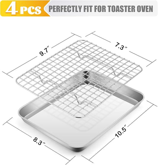 Metal Toaster Oven Tray with Rack Set, E-far 10.5”x8.3” Baking Sheet Broiling Pan with Stainless Steel Wire Grate Rack for Cooking Baking Bacon Steak Cooling Cookie - Dishwasher Safe