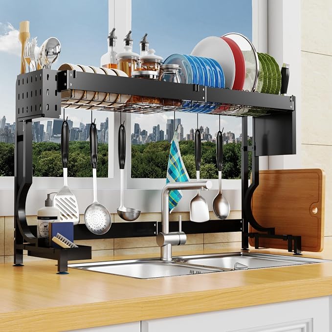 Over the Sink Dish Drying Drainer Rack - Height & Width Adjustable Large Capacity Stainless Steel Kitchen Storage Organization Plate Strainers Above Kitchen Counter (W21.2-37" ~ H18.5-22" Black)