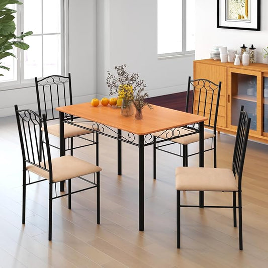 Giantex 5-Piece Dining Set for 4, Modern Wood Kitchen Table with Upholstered Chair, Space-Saving Dinner Table Set for Dinette, Restaurant, Living Dining Room Furniture
