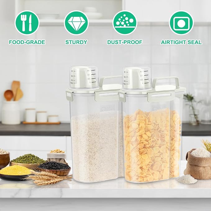 TBMax Rice Container Cereal Storage Container 2 Pack 5 Lbs, Kitchen Pantry Dry Food Storage Holder with Easy-Pouring Spout & Handy Cup, Small Pet Dog Cat Food Dispenser for Daily Feeding -Beige