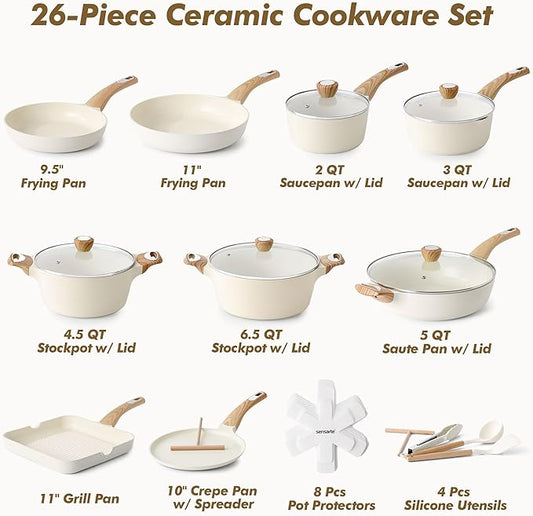 SENSARTE Ceramic Cookware Sets, Pots and Pans Set Non stick, Non toxic Healthy Induction Cookware, 26 Pcs Nonstick Kitchen Cooking Set, w/Frying Pans Set, Saucepans Set