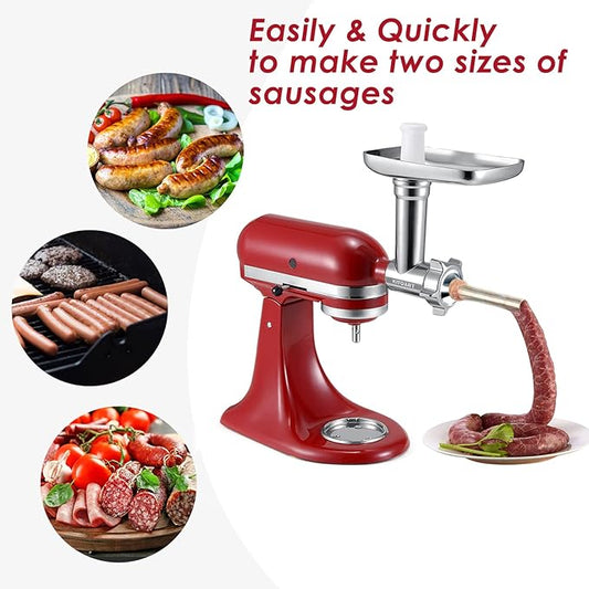 Metal Food Grinder Attachments for KitchenAid Stand Mixers, Meat Grinder, Sausage Stuffer, Perfect Mixer Attachment for KitchenAid Mixers, Silver(Machine/Mixer Not Included)