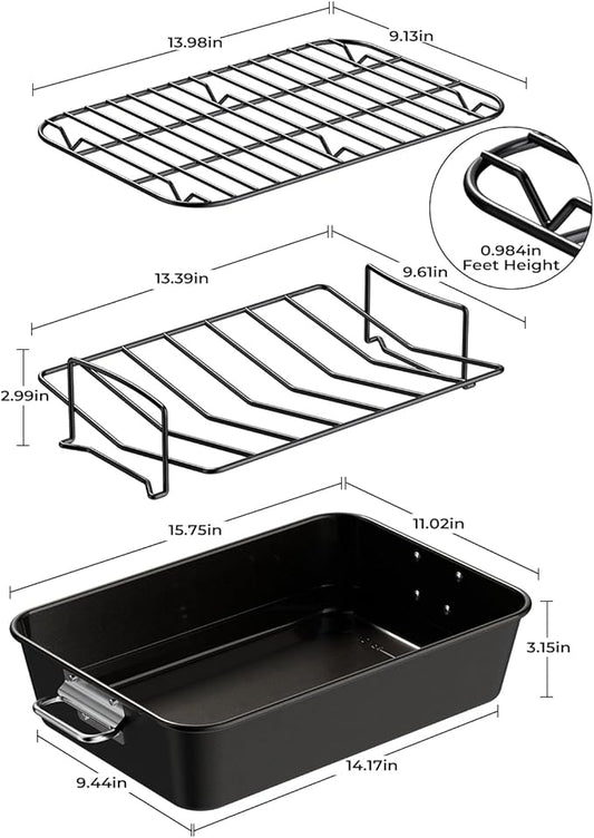 Turkey Roasting Pan with Rack Non stick Carbon Steel Roaster 16x11 Inch, Dishwasher Safe, Deep Baking Broiler Pan for Oven Chicken, Bacon, Black