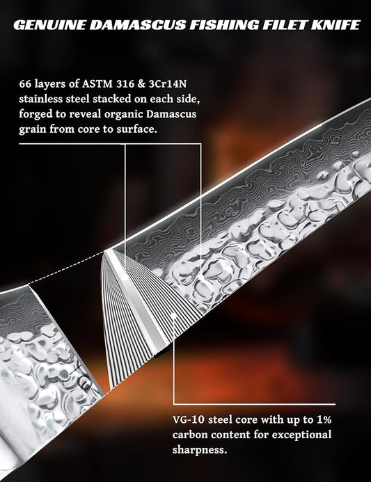 Fillet Knife for Fish and Meat, Lab Tested Ultra and Long-lasting Sharp, VG-10 Core 67Layers Damascus Stainless Steel Fishing Filet Knife, Premium Forged for Filleting and Cleaning