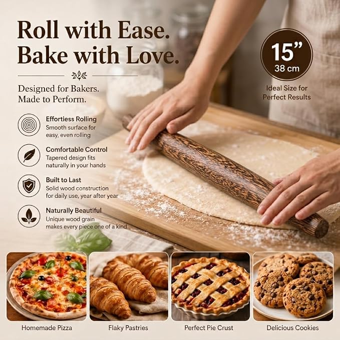 15.75 Inch French Rolling Pin – Smooth & Balanced Wooden Dough Roller for Baking and Pastry, Distinctive Feathered Grain Beauty