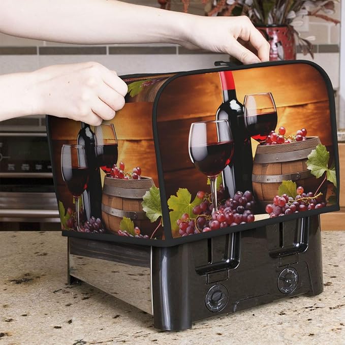 Red Wine Glass Grapes Theme 4 Slice Toaster Cover Wide Slot Dustproof Cap Bread Maker Fingerprint Bakeware Protection Kitchen Appliance Cover Toaster Bag