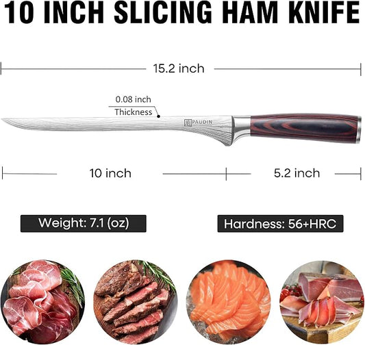 PAUDIN Carving Knife, 10 Inch Ham Slicing Knife for Meat Cutting, High Carbon Stainless Steel, Ergonomic Pakkawood Handle with Sheath, Ultra Sharp Blade for Prosciutto/Jamon Serrano, Gift Box