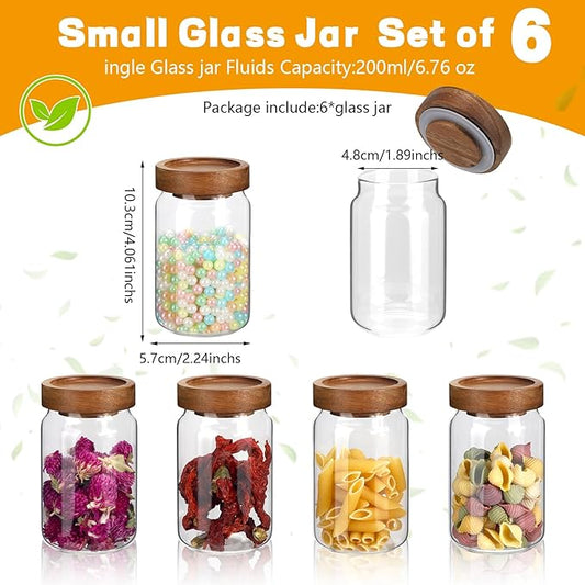 6oz Small Glass Jars with Wood Lid Spice Jar Round Food Storage Canister Clear Glass Containers Jar for Ground Seasoning Pantry Sugar Tea Coffee Bean Spice Herb Cookies(6 * 200ml(6.76oz))