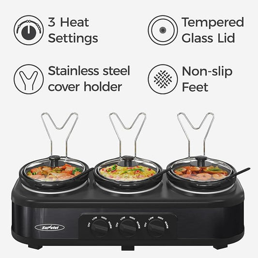 Sunvivi Triple Slow Cooker, Buffet Server & Warmer with 3 Removable Ceramic Pots, 3 Adjustable Temp Settings & 3 Metal Lid Rests, Stainless Steel, 3 * 1.5 Quarts Black
