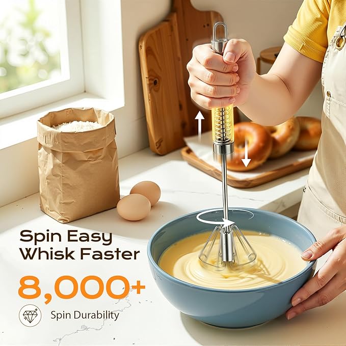 Upgraded Stainless Steel Semi-Automatic Whisk, Easy Push Hand Whisks for Eggs, Cream, Coffee & Light Mixing, Easy Clean Kitchen Whisk for Everyday Cooking (10in)