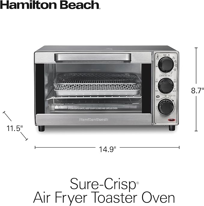 Hamilton Beach Sure-Crisp Air Fryer Toaster Oven Combo, Fits 9” Pizza, 4 Slice Capacity, Powerful Circulation, Auto Shutoff, Stainless Steel (31403)