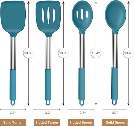 LIANYU Silicone Kitchen Cooking Utensils Set, 4Pcs Heat Resistant Kitchen Tools Spatula for Nonstick Cookware, Slotted Turner, Spoon, Soup Ladle, Pasta Server, Skimmer, Tongs, Blue
