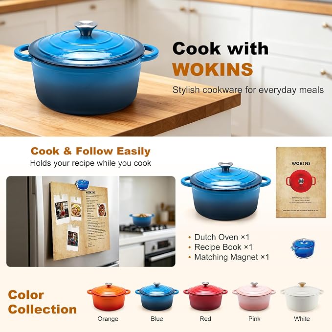 Enameled Cast Iron Dutch Oven - 7QT Pot with Lid,Oven Safe to 500°F,Heavy-Duty Cookware for Sourdough Bread Baking,Braising,Stews,Roasting Blue