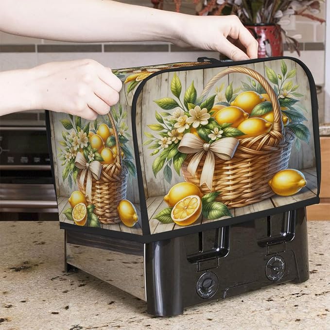 Lemon Toaster Cover 4 Slice Wide Slot Washable Toaster Covers | Wood Modern Dust and Fingerprint Protection Bread Maker Covers for Kitchen Accessories Decor Bakeware Women Gift