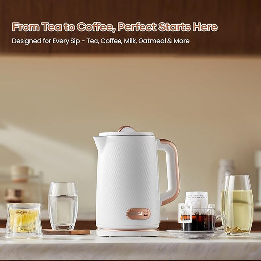 OLEGA Electric Kettle: 1200W Fast Boil Electric Water Kettles, 1.5L Double Wall Stainless Steel Tea Kettle, Auto Shut-Off, BPA-Free Hot Water Boiler Teapot for Coffee & Tea (White)