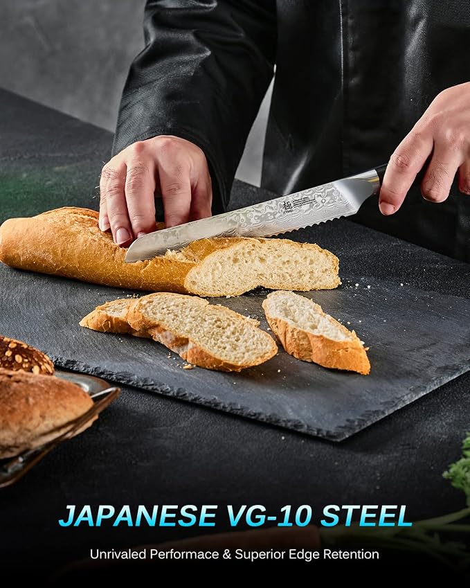 KYOKU 8" Serrated Bread Knife - Gin Series - VG10 Damascus Japanese Style Steel Kitchen Knife with Silver Ion Blade G10 Handle Mosaic Pin, Professional Razor-Sharp Bread Cutting Slicing