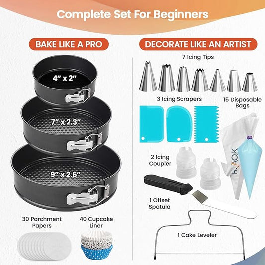 RFAQK 100pcs Cake Pan Sets for Baking + Cake Decorating Supplies: 3 Non-Stick Springform Pans Set (4, 7, 9 inches), Icing Tips, Cake Leveler โ Multi-functional Leak-Proof CheeseCake Pan & eBook