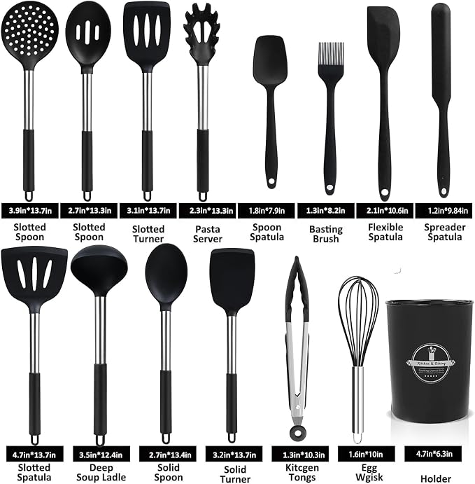 KSENDALO Cooking Utensils Set of 26 - Non Toxic Black Silicone Kitchen Utensils Set with Spoons, Heat Resistant Tong, Whisk & Holder, Dishwasher Safe