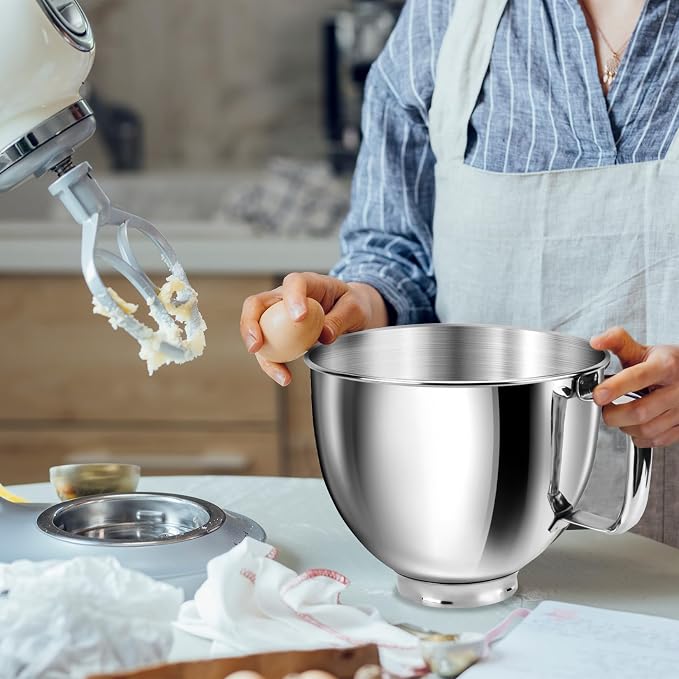 5 Quart Mixing Bowl for KitchenAid Stand Mixers, Food-Grade Stainless Steel Bowl with Handle & Clasp, Compatible with Tilt-Head 4.5–5 Qt Models – Fits K45, K45SS, KSM75, KSM150, KSM95 (Silver, 5QT)