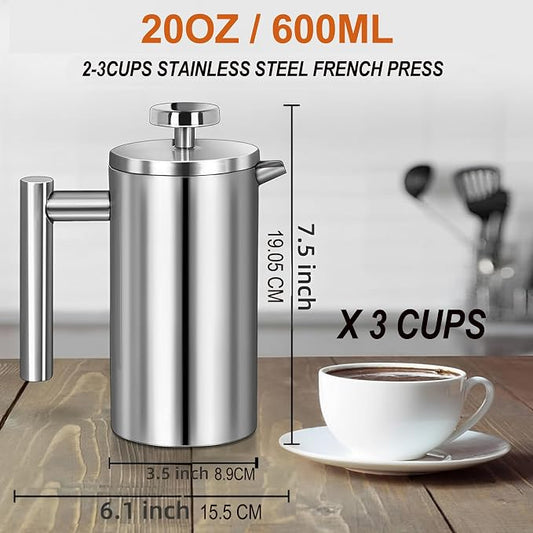 Small French Press Stainless Steel Coffee Maker 21oz(3 Cups), Double Wall Insulated for Hot& Cold Brew, Compact Coffee& Tea Press for Camping, Office, Travel with 3 Ultra-Fine Filters & Spoon- Silver