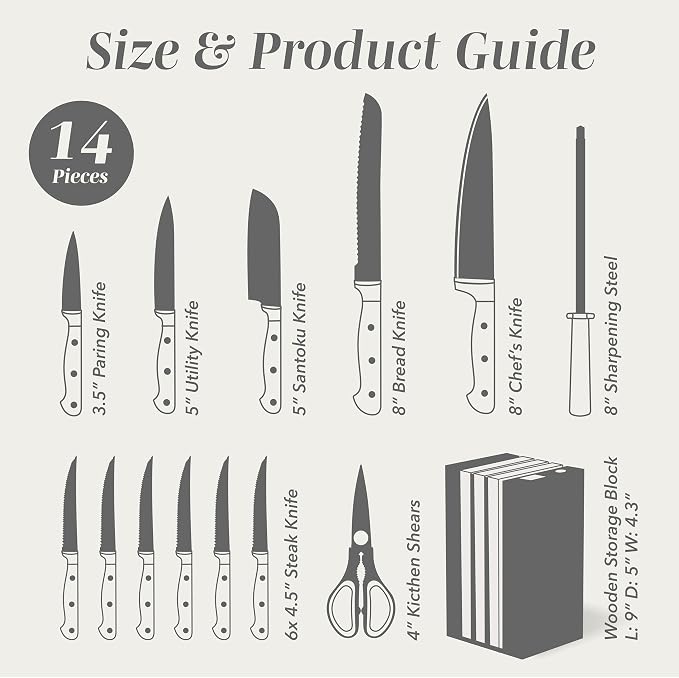 COOK WITH COLOR 14 Pieces Kitchen Knife Block Set, Knives for Kitchen, Forged Cutlery with Razor-Sharp High Carbon Steel Blades, Magnetic Block
