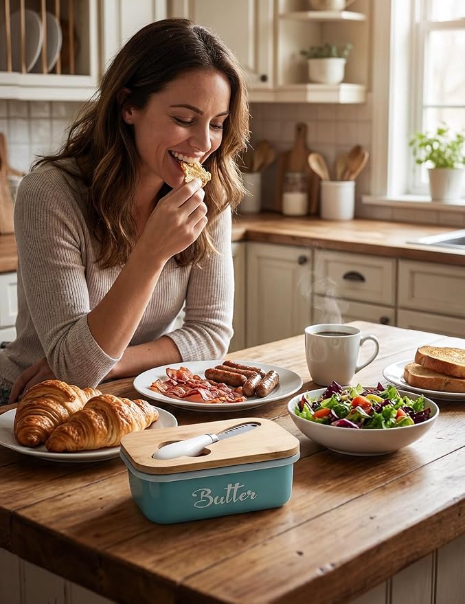 Butter Dish with Lid for Countertop, AISBUGUR Metal Butter Keeper with Stainless Steel Multipurpose Butter Knife, Large Butter Container with Double High-quality Silicone Good Kitchen Gift Green