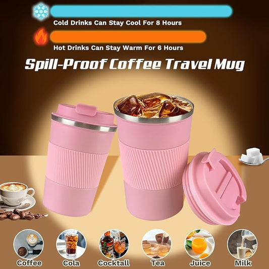 SPLMIFA Vacuum-Insulated Stainless Steel Travel Coffee Mug, Leak-Proof Reusable Coffee Cup with Lid - Keep Hot & Cold Drinks for Hours, Durable Insulated Tumbler for Men & Women(3rd-Pink, 17OZ)