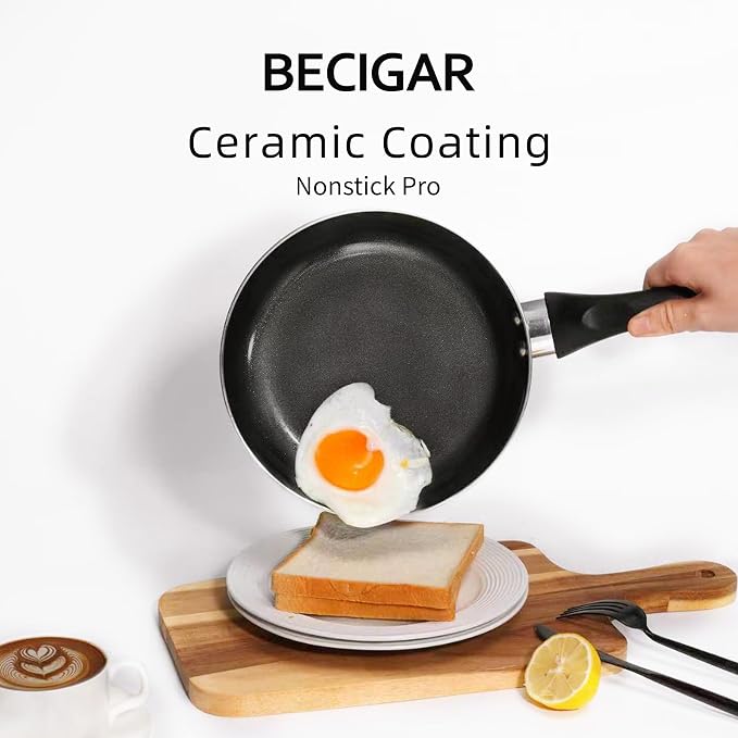 BECIGAR 8 Pcs Ceramic Pots and Pans Set, Cooking Pan Set, Nonstick Cookware Set, Induction Safe Kitchen Cooking Set with Frying Pans, Saucepans, shovel and Ladle, Blcak