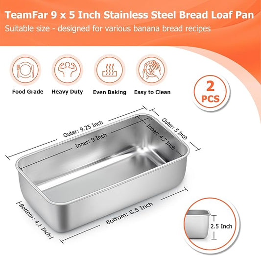 TeamFar Loaf Pans for Baking Bread, 9 ร 5 Inch Stainless Steel Loaf Bread Pans Tins for Homemade Brownies, Healthy & Sturdy, Oven & Dishwasher Safe - Set of 2