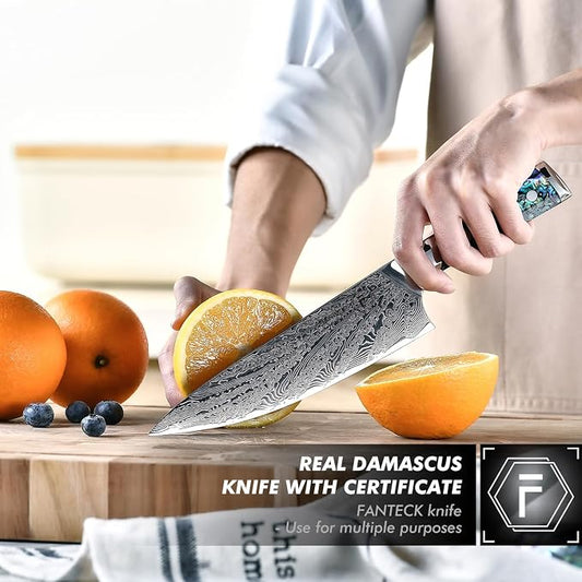 FANTECK Chef Knife 8 Inch,Damascus Japanese Professional High Carbon 67-layers VG10 Kitchen Cooking Knife,Super Sharp Stainless Steel Chef Knives with Full Tang Abalone Shell Handle-Walnut Wood Cover