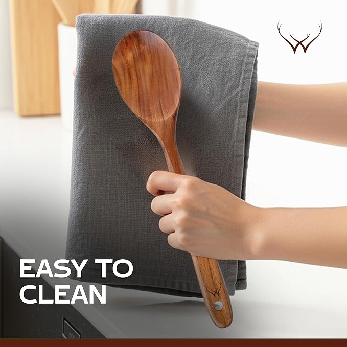 Teak Wooden Spoon for Cooking With Teak Spoon Rest - Made of Premium Natural Teak Wood