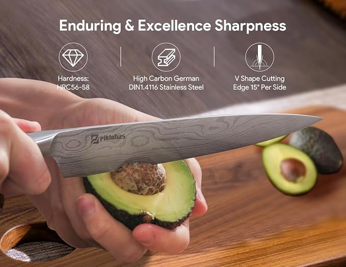 Knife Set for Kitchen 14 Pieces with Magnetic Block, German Razor Sharp High Carbon Stainless Steel Damascus Pattern, Full Tang Ergonomic Handle, Black Flowing Cloud Design
