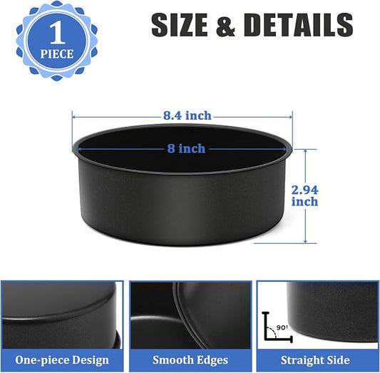 P&P CHEF 8 Inch Cake Pan, Nonstick Round Baking Layer Cake Pans Tins Set for Birthday Wedding, 2.94-Inch Deep Side & One-piece Design, Stainless Steel Core & Easy Clean, Black