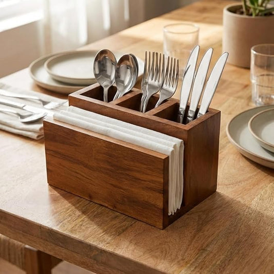 nestroots Silverware, Napkins & Spoon Holder, Acacia Wooden Utensil Caddy, Organizer Countertop, Cutlery Holder for Party, Fork, Knife Organizer (Brown 01)