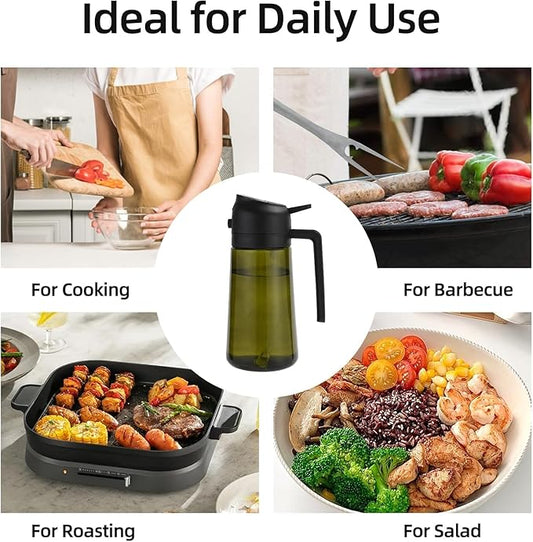Aovdy Oil Sprayer for Cooking 16oz,2 in 1 Olive Oil Dispenser and Oil Sprayer - 470ml Olive Bottle Spray and Pour - Glass Oil Dispenser for Kitchen Cooking Salad BBQ (2PCS-Light-Proof Black & Green)