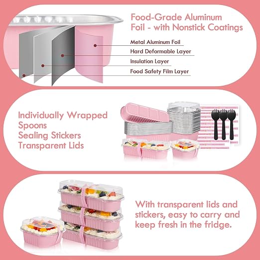 YQER Mini Loaf Pans with Lids for Baking Bread Disposable, 50Pcs 6.8oz Mini Cake Pans with Lids and Spoons Pink Sticker & 30Pcs 10oz Square Aluminum Pans Kit, Dessert Foil Baking Cupcake Tins