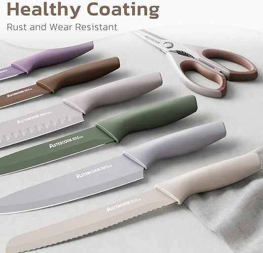 Astercook Knife Set, 13 Pieces Kitchen Knives Set with Healthy Anti-Rust Coating, Dishwasher Safe, Stainless Steel Chef Knife Sets with 6 Blade Guards, Fathers Day Gift for Men Morandi