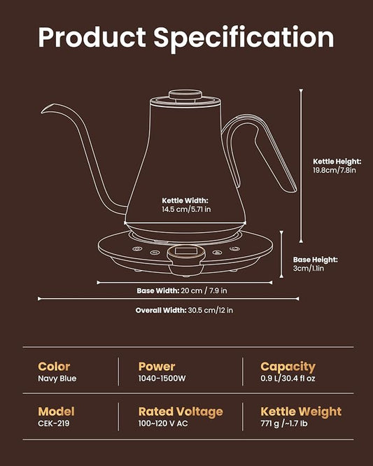 INTASTING Gooseneck Electric Kettle, ±1℉ Temperature Control, Stainless Steel Inner, Quick Heating, for Pour Over Coffee, Brew Tea, Boil Hot Water, 0.9L (Navy Blue)