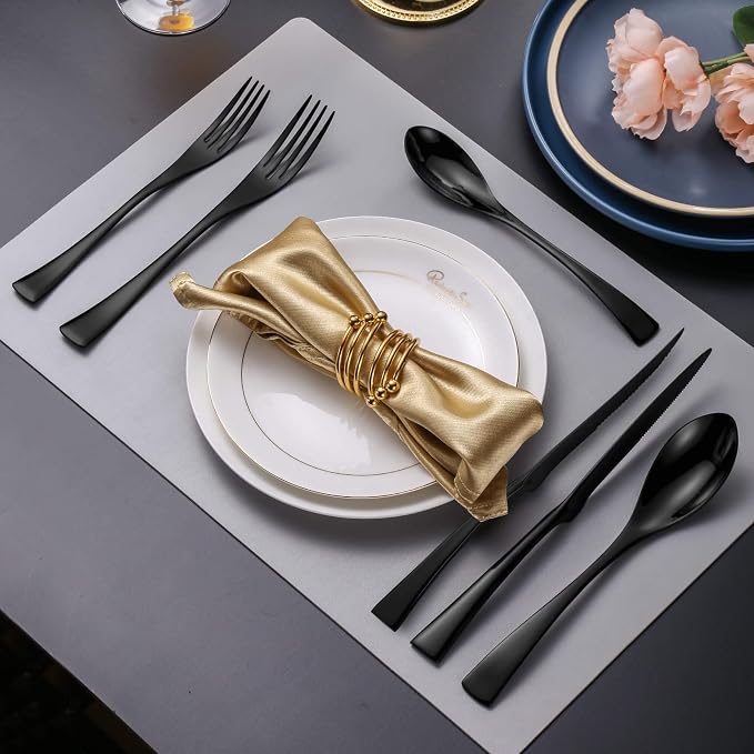 Lemeya 24-Pieces Black Silverware Set with Steak Knives,Heavy Duty 18/10 Stainless Steel Flatware Set for 4,Modern Cutlery with Forged Stand Knives,Mirror Polished,Dishwasher Safe